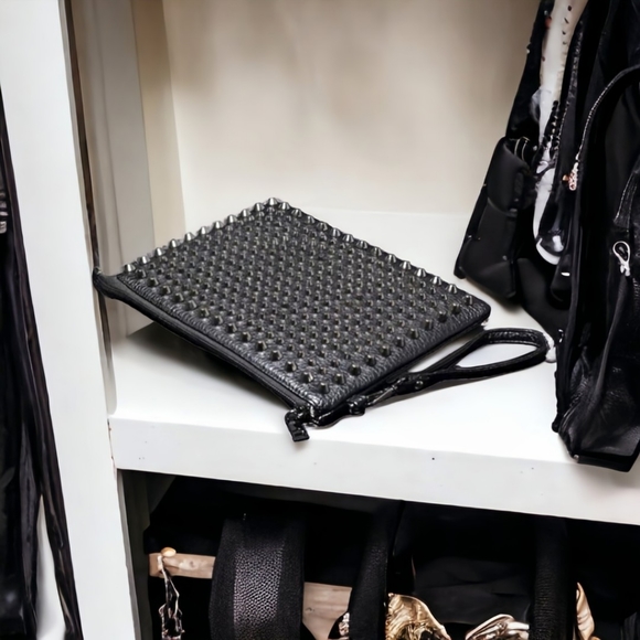 Unisex Black Studded Clutch Bag With Crossbody Shoulder Strap